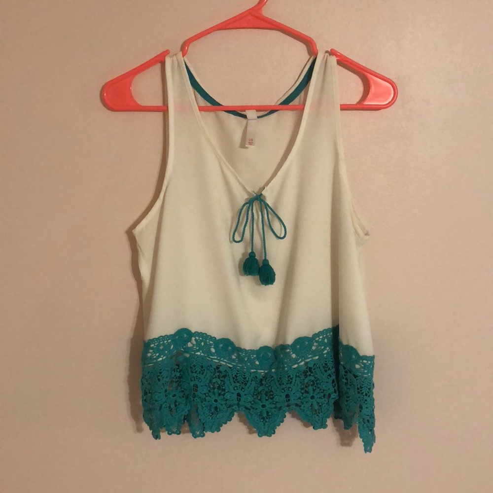 white and blue embroidered Xhiliration tank size L